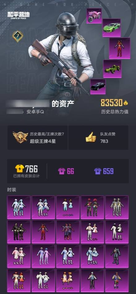 和平精英账号安卓QQ007M:m1129【安卓QQ、可二次实名、无防沉迷】【20粉装，13粉枪，9载具】24粉色战备，163套装，632时装，198枪械，254装备，8滑翔尾翼，68降落伞；等级：Lv.68 历史最高段位