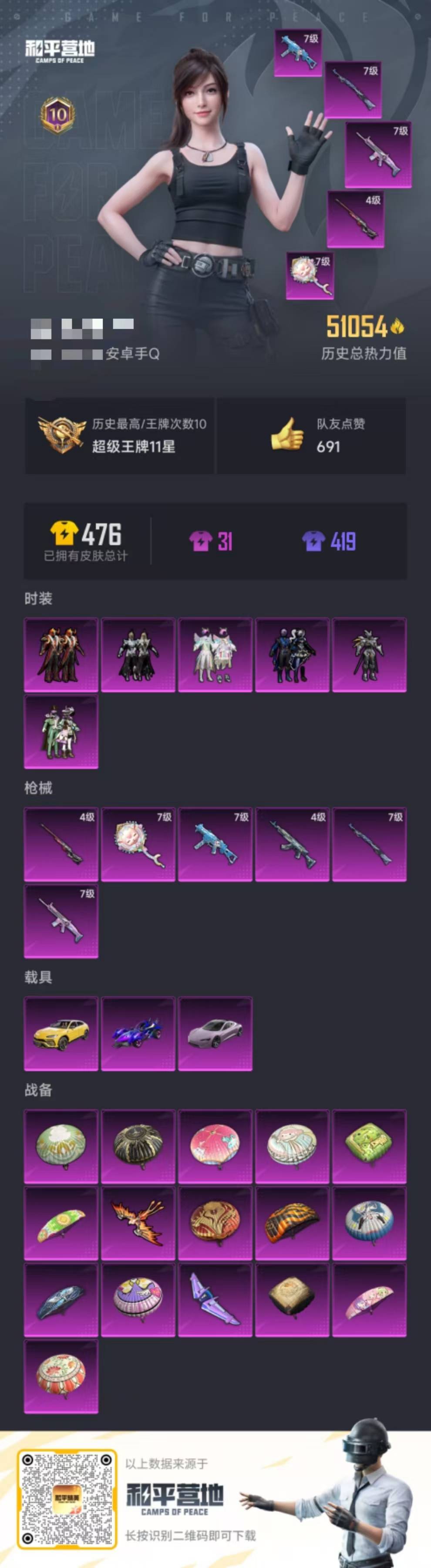 和平精英账号安卓QQ003:1013F；安卓qq；可以二次；3载具 6升级枪 6粉装 2飞行器 139枪皮 91套装 51054热力 10印记 黄金  稀有飞行器：闲梦青缨降落伞,恐龙拽拽降落伞,暗夜鎏金降落伞,金风玉露